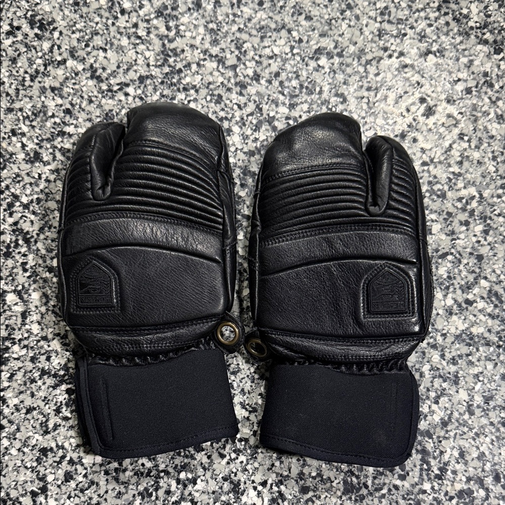 Hestra Black Leather Mittens with Neoprene Cuffs